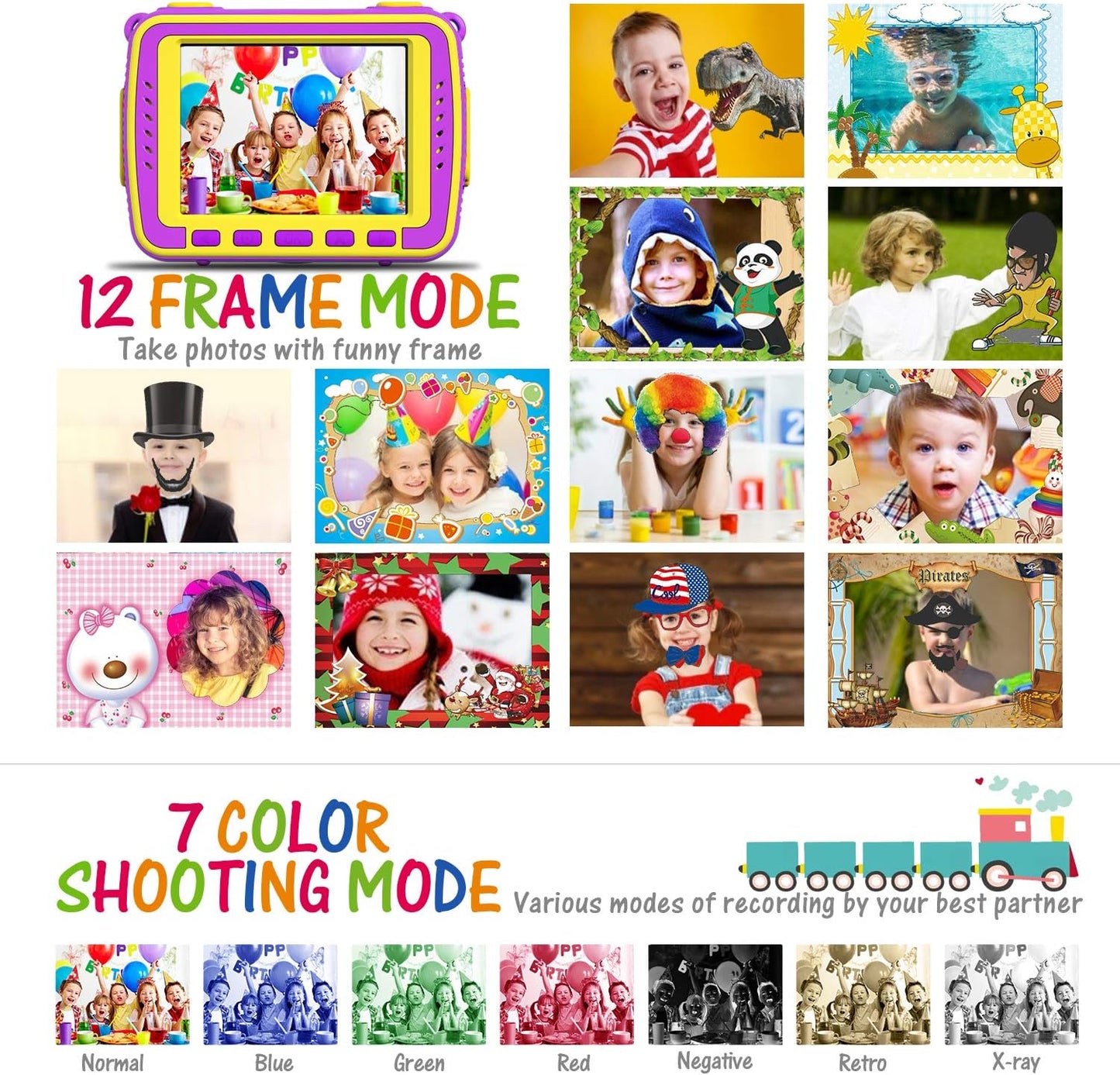 Kids Waterproof Camera Gifts for Toddler, 1080P HD Digital Video Camera with 2.4'' IPS Screen, Fill Lights, Children Selfie Underwater Camera Toy for Little Girls with TF Card, Silicone Handle