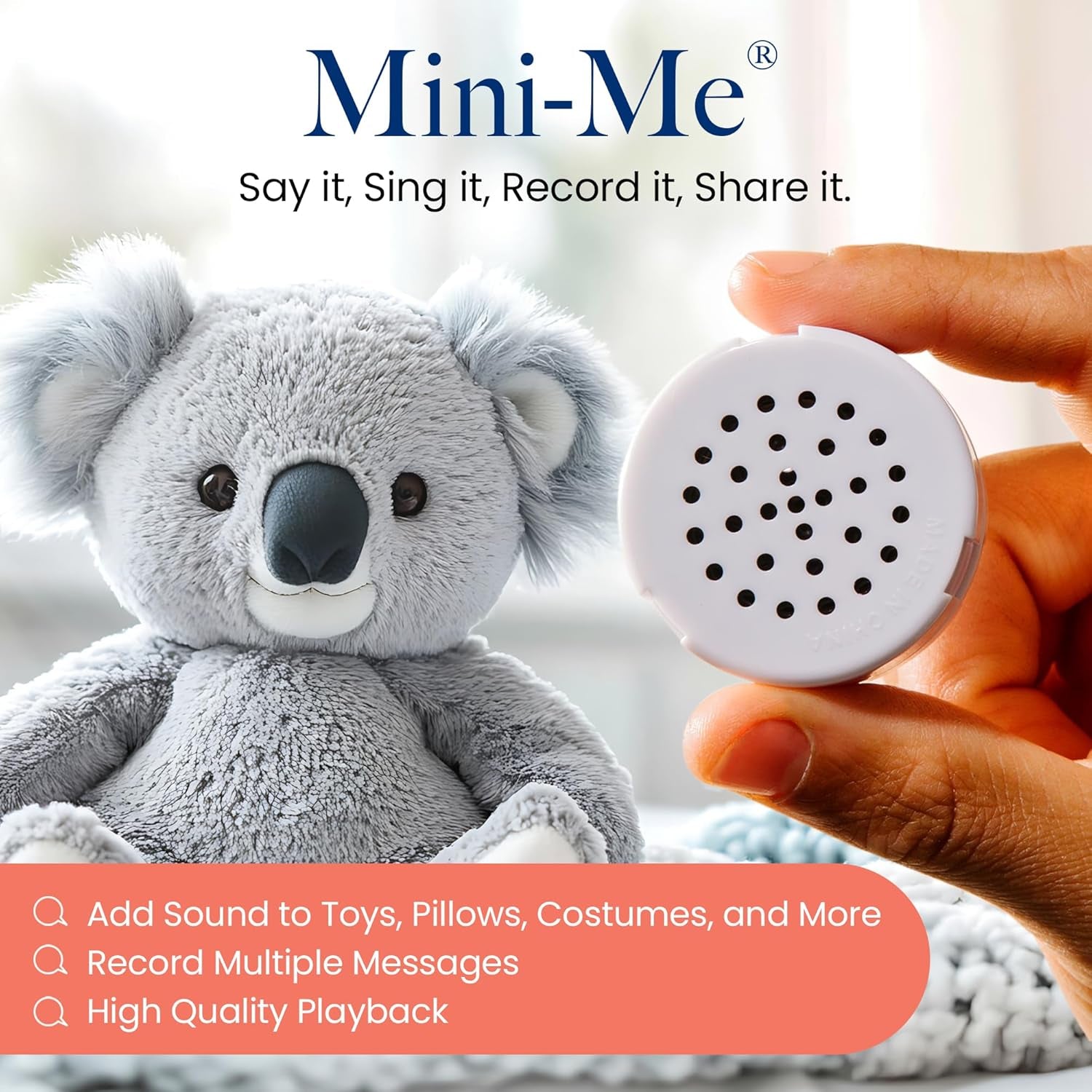 Mini-Me®, Mini Recorder for Plush Toys, Pillows, Quilts & Back to School Crafts | 60-Second Multi-Message Custom Audio for DIY Gifting & Classroom Projects - 1 Pack