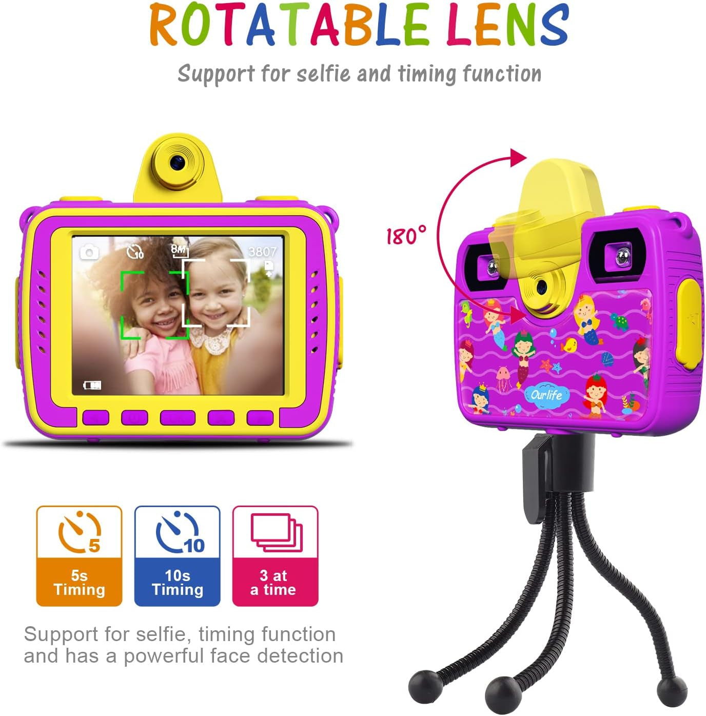 Kids Waterproof Camera Gifts for Toddler, 1080P HD Digital Video Camera with 2.4'' IPS Screen, Fill Lights, Children Selfie Underwater Camera Toy for Little Girls with TF Card, Silicone Handle