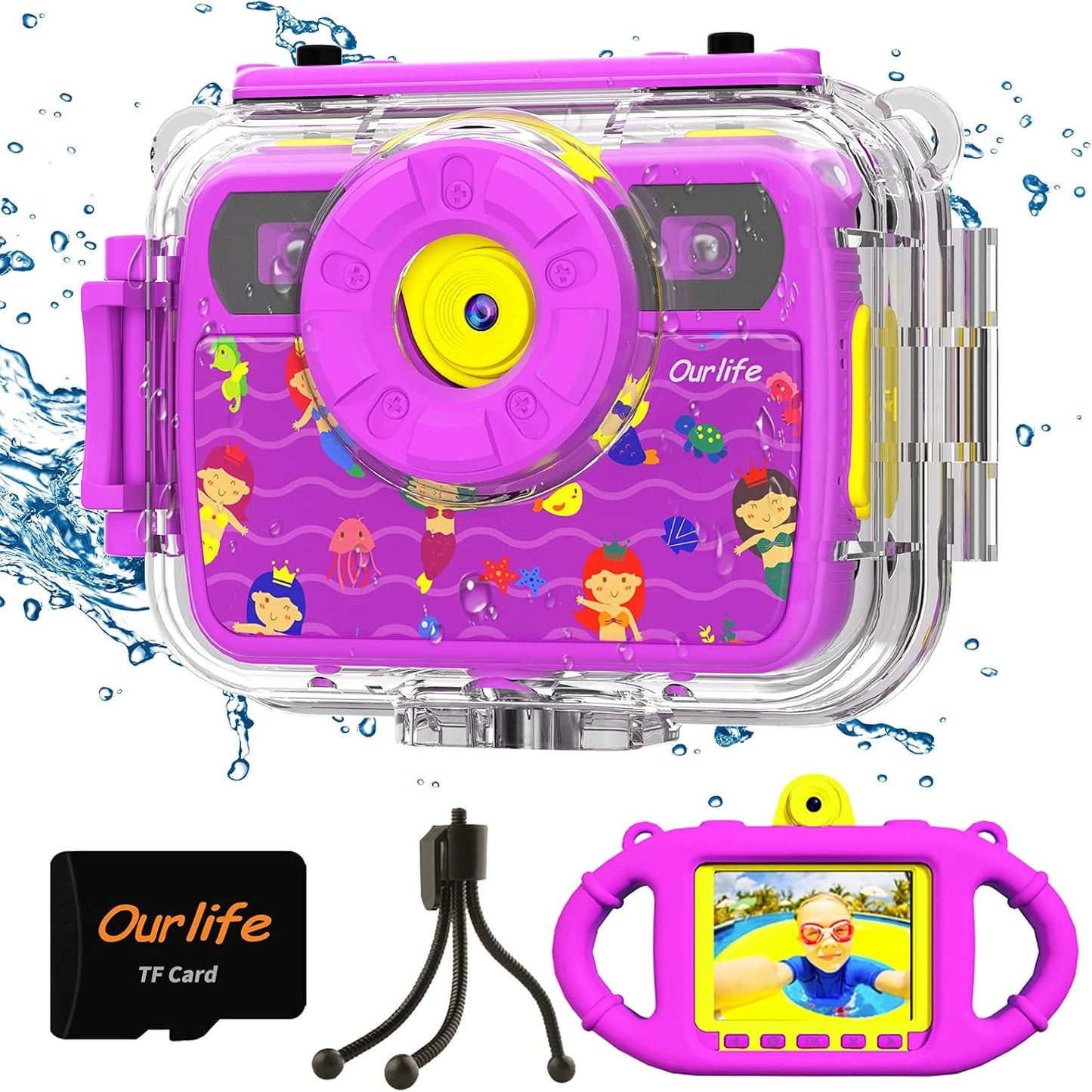 Kids Waterproof Camera Gifts for Toddler, 1080P HD Digital Video Camera with 2.4'' IPS Screen, Fill Lights, Children Selfie Underwater Camera Toy for Little Girls with TF Card, Silicone Handle