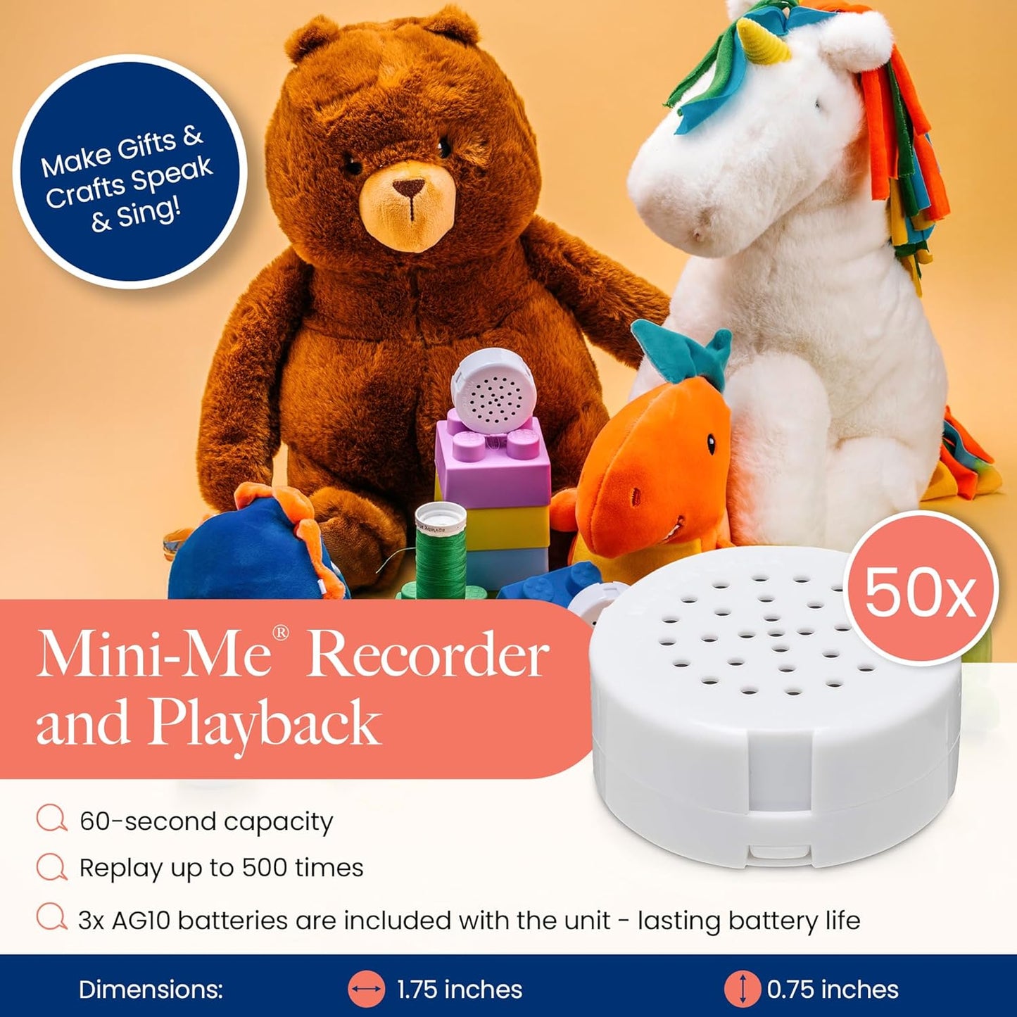 Mini-Me®, Mini Recorder for Plush Toys, Pillows, Quilts & Back to School Crafts | 60-Second Multi-Message Custom Audio for DIY Gifting & Classroom Projects - 1 Pack