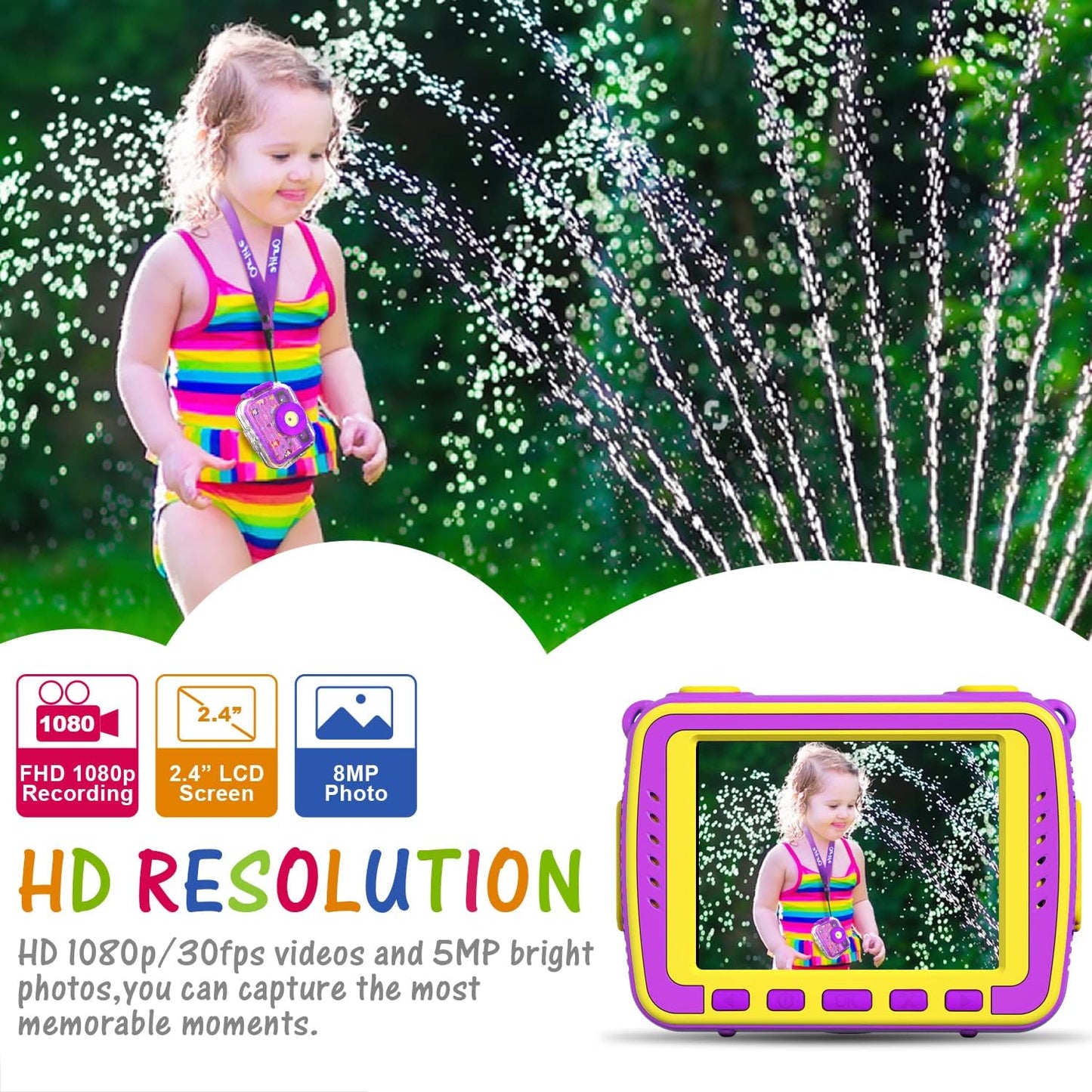 Kids Waterproof Camera Gifts for Toddler, 1080P HD Digital Video Camera with 2.4'' IPS Screen, Fill Lights, Children Selfie Underwater Camera Toy for Little Girls with TF Card, Silicone Handle
