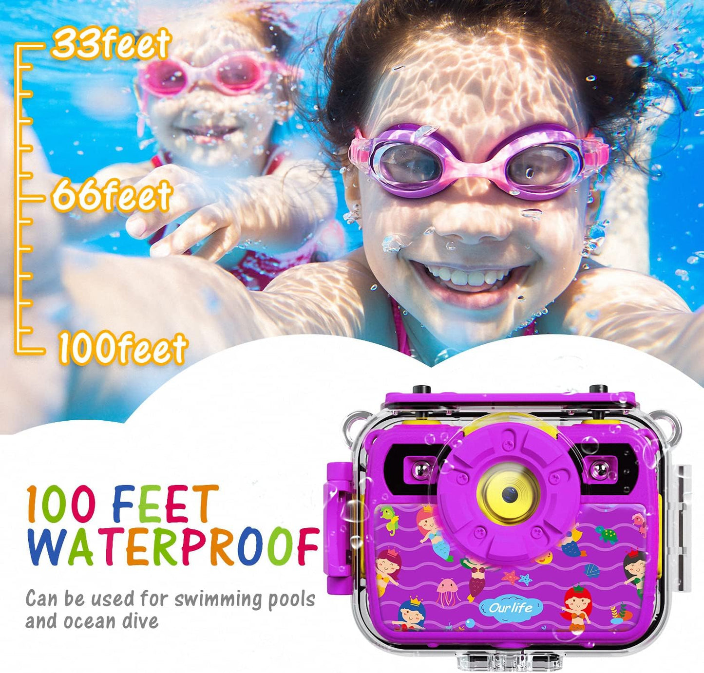 Kids Waterproof Camera Gifts for Toddler, 1080P HD Digital Video Camera with 2.4'' IPS Screen, Fill Lights, Children Selfie Underwater Camera Toy for Little Girls with TF Card, Silicone Handle