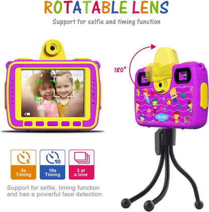 Kids Waterproof Camera Gifts for Toddler, 1080P HD Digital Video Camera with 2.4'' IPS Screen, Fill Lights, Children Selfie Underwater Camera Toy for Little Girls with TF Card, Silicone Handle