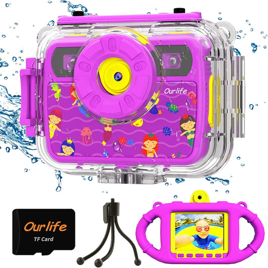 Kids Waterproof Camera Gifts for Toddler, 1080P HD Digital Video Camera with 2.4'' IPS Screen, Fill Lights, Children Selfie Underwater Camera Toy for Little Girls with TF Card, Silicone Handle