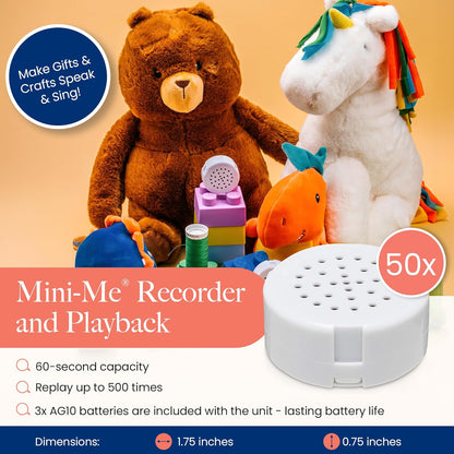 Mini-Me®, Mini Recorder for Plush Toys, Pillows, Quilts & Back to School Crafts | 60-Second Multi-Message Custom Audio for DIY Gifting & Classroom Projects - 1 Pack